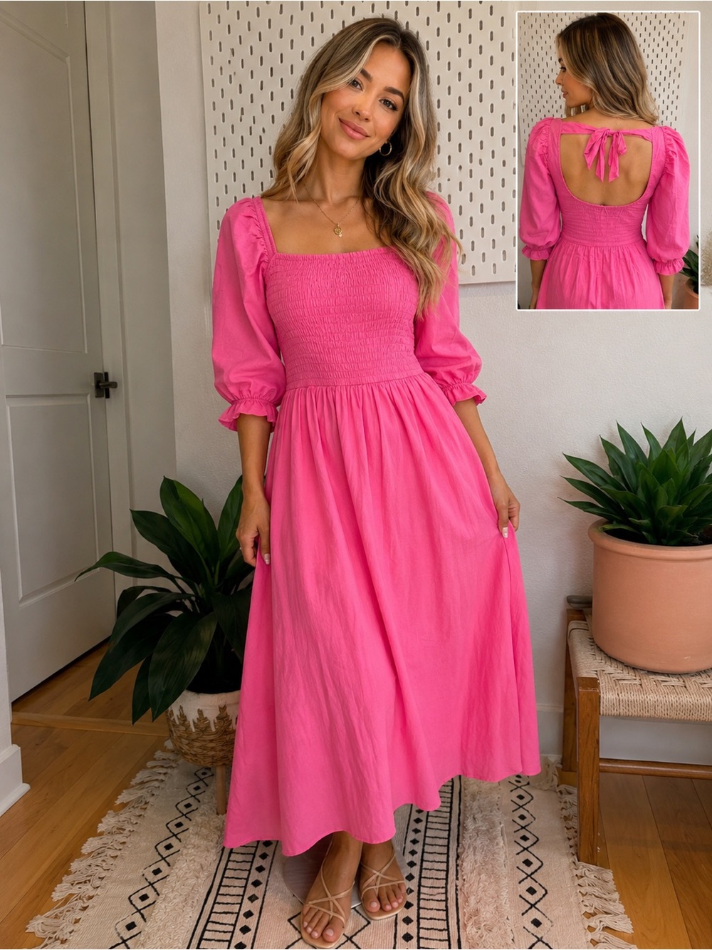 And Now This Flamingo Pink Smocked Puff Sleeve Midi Dress M NWT
